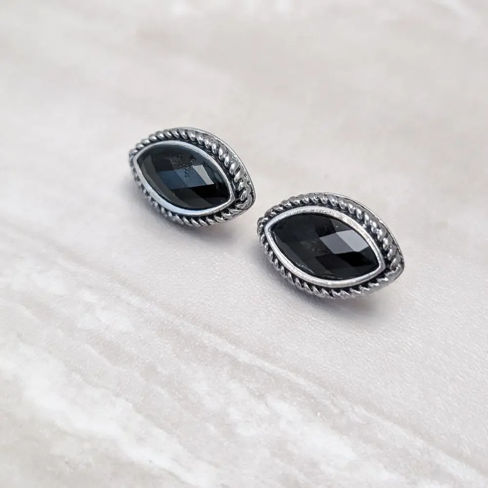 Vintage Clip On Earrings Stylish Pointed Oval Silver Tone with Faceted Black Gem